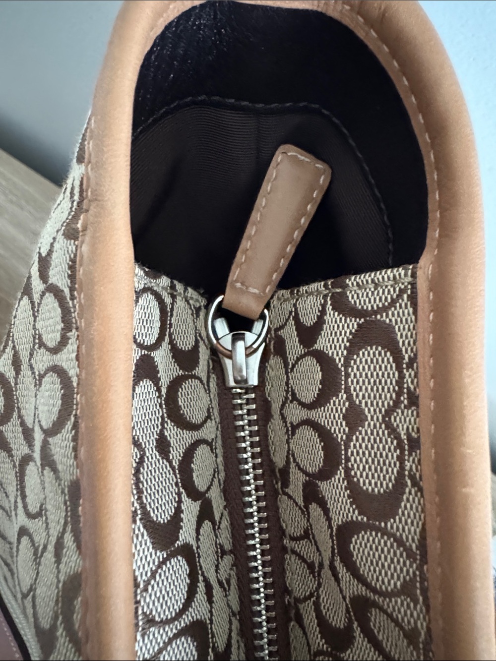 NWOT Coach Monogram Canvas Shoulder Tote with Tan Leather and Gold Stripe Scarf - Picture 6 of 16
